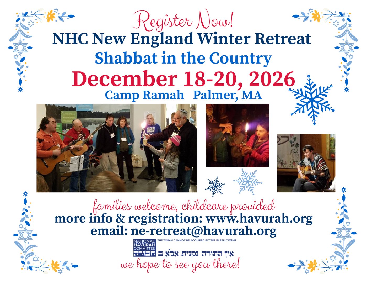 Register now! NHC New England Winter Retreat, Shabbat in the Country, December 18-20, 2026, Camp Ramah, Palmer, MA